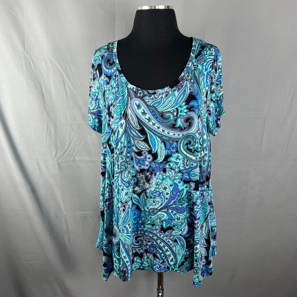 Cynthia Rowley Tunic Top Women 1X Multicolor Paisley Stretch Side Slit Scoopneck